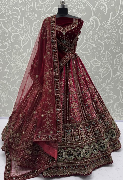 Very-Well Detailed Red Hand Mirror Crafted with Various Embroidery and Doubke dupatta combine Bridal Lehenga Choli